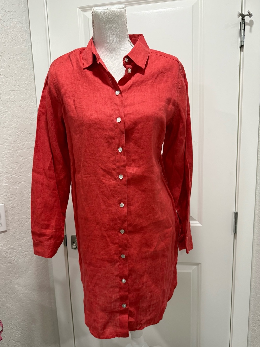 J. Jill Linen Button Down Shirt Dress Coral Red Size Small Coastal Grandmother